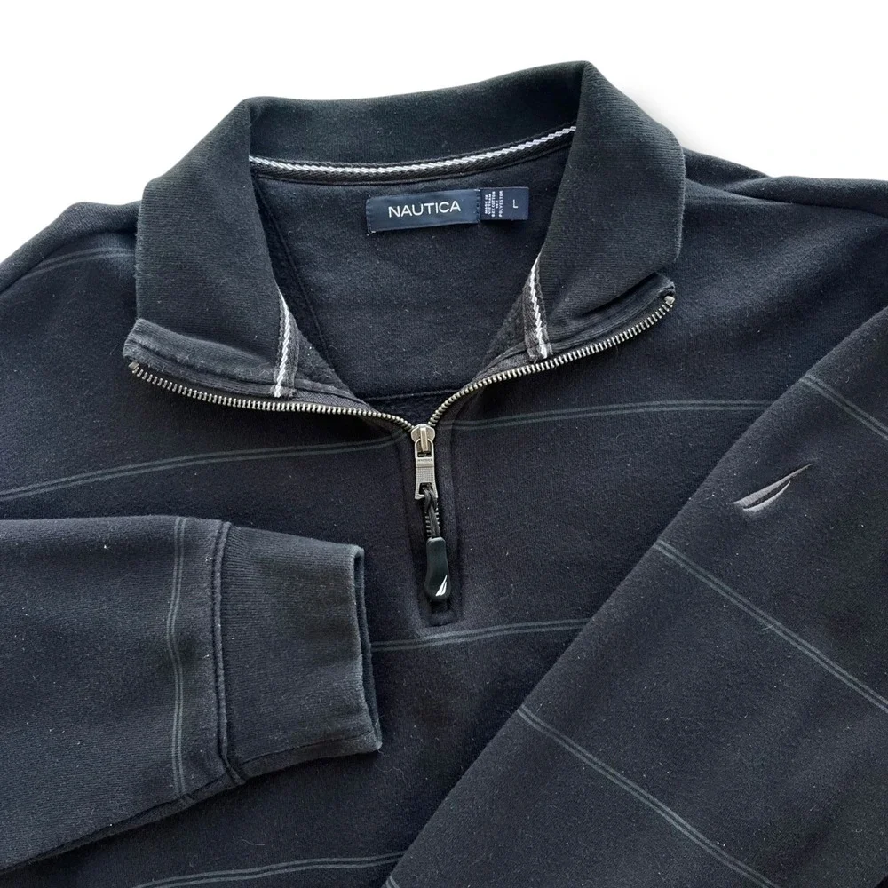 Nautica Mens Sz L Black Shadow Stripe Quarter Zip Pullover Fleece Sweater Preppy